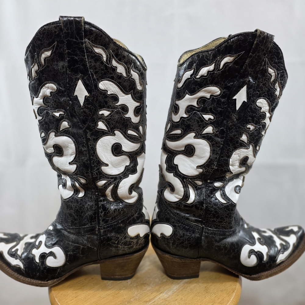 Corral Mid Calf Snip Toe Black Crackled Leather Cowboy Boots With White Inlay